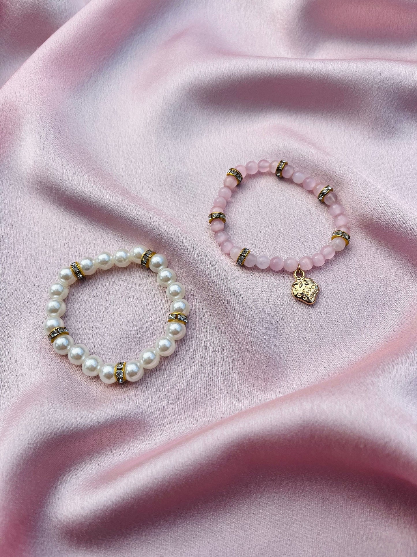 Gold Pearl Bracelet and Strawberry Charm Bracelet Set