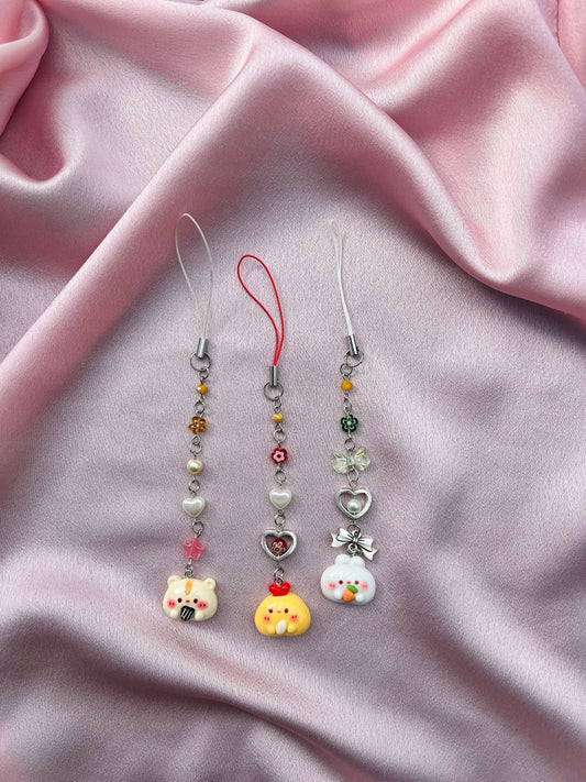 Kawaii Bear, Chicken and Bunny Phone Charms